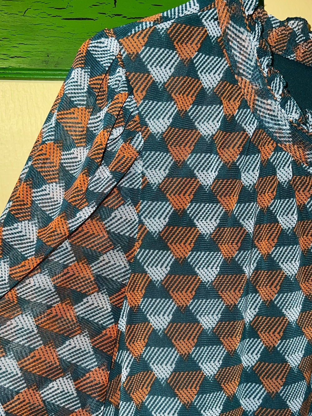 Geometric Teal Retro Blouse 70’s Ruffle Puff Balloon Sleeve Orange Boho Size L - Picture 4 of 12